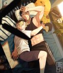  2boys abs absurdres bed bed_sheet black_hair black_shorts black_tank_top blonde_hair closed_eyes clothes_lift couple ear_piercing feet_out_of_frame highres hug jiechii male_focus multicolored_hair multiple_boys nipple_slip nipples original pants piercing pillow sandals shirt shirt_lift short_hair short_sleeves shorts sleeping streaked_hair stuffed_animal stuffed_dog stuffed_penguin stuffed_toy tank_top track_pants unworn_sandals white_shirt yaoi 