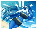 2024 anthro artist_name beach belly blue_belly blue_body blue_hair bottomwear breasts brown_eyes claws cleavage clothed clothing cloud crossgender detailed_background digital_media_(artwork) female finger_claws generation_3_pokemon hair hi_res latiar latios laurel_misora legendary_pokemon long_hair looking_aside nintendo open_mouth pokemon pokemon_(species) pupils sand sky skyscape solo teeth tongue topwear water