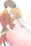  1boy 1girl brown_hair cardcaptor_sakura choker closed_eyes couple dress green_eyes hairband hetero highres hug jacket kinomoto_sakura li_syaoran parted_lips pink_dress ribbon rii2a77ru short_hair simple_background star_(symbol) star_choker unfinished white_background white_wings wings 