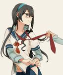  aqua_eyes aqua_hairband bare_hips black-framed_eyewear black_hair blush closed_mouth commentary_request eyebrows_visible_through_hair glasses hair_between_eyes hairband hip_vent kantai_collection light_smile long_hair looking_at_another midriff necktie ooyodo_(kantai_collection) red_neckwear ree_(re-19) school_uniform serafuku simple_background sleeve_cuffs solo_focus undone_necktie undressing 