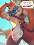 abs absurd_res anthro band-aid band-aid_on_face bandage bandage_on_face big_bulge big_pecs bodily_fluids bottomwear bulge canid canine clothed clothing detailed_bulge dialogue flitt_(rotwood) fox fur genital_fluids genital_outline genitals hand_behind_head hi_res kult2k male mammal muscular muscular_anthro muscular_male open_bottomwear open_clothing open_pants orange_body orange_fur pants pecs penis penis_outline precum precum_through_clothing precum_through_underwear presenting presenting_penis rotwood scar_on_face solo speech_bubble underwear wet wet_clothing