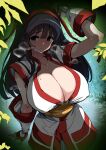  1girl ainu_clothes arm_up black_eyes black_hair blunt_bangs blush breasts cleavage fingerless_gloves gloves hairband hirowa_nagi huge_breasts leaf long_hair looking_at_viewer nakoruru samurai_spirits sash solo 