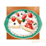  absurdres cake cake_slice food food_focus fruit highres no_humans original plate strawberry strawberry_shortcake table tomma_mayuka whipped_cream wooden_table 