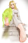  1girl angry barefoot blonde_hair blush breasts choker collarbone dungeon_meshi easonx elf embarrassed feet feet_up foot_focus gradient_background green_eyes hands_on_ground highres large_breasts long_hair looking_at_viewer marcille_donato open_mouth pajamas pants pointy_ears red_choker shirt simple_background sitting slime_(substance) soles solo sweat toes white_background white_pajamas white_pants white_shirt 