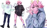  1girl absurdres alternate_costume ashido_mina black_footwear black_sclera blue_hoodie blue_pants blue_socks boku_no_hero_academia bottomless breath colored_sclera colored_skin denim green_hoodie heart hhholic highres hood hood_down hoodie horns jeans looking_at_viewer multiple_views one_eye_closed orange_eyes pants pink_skin shoes smile sneakers socks twitter_username white_background white_footwear 