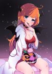  1girl black_choker blue_eyes blush breasts candy choker cleavage coat demon_tail demon_wings finger_in_own_mouth food halloween_bucket herunia_kokuoji highres long_hair looking_at_viewer mona_(warioware) orange_hair sitting tail warioware white_coat wings 