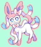 2018 3_toes ambiguous_gender black_nose blue_background blue_inner_ear blue_sclera border bow_(feature) clothing colored eeveelution feelers feet feral generation_6_pokemon graskip hi_res looking_up multicolored_body nintendo pink_body pink_border pink_bow pink_cheeks pink_clothing pink_tail pokemon pokemon_(species) pseudo_clothing quadruped shaded simple_background smile solo sylveon tail toes two_tone_body walking white_body white_eyes