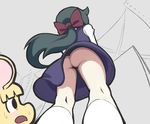  ass bangs blue_hair blunt_bangs blush bottomless bow butt_crack commentary constanze_amalie_von_braunschbank-albrechtsberger from_below grey_background hair_bow kagari_atsuko little_witch_academia long_hair long_sleeves luna_nova_school_uniform mouse multiple_girls no_panties open_mouth orange_peel_(artist) ponytail red_bow school_uniform simple_background socks standing sweatdrop thighs upskirt 