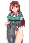  bad_id bad_pixiv_id belt black_gloves black_skirt bow bowtie breasts brown_eyes brown_hair chiha_(abo_ecm_mk25) chikuma_(kantai_collection) elbow_gloves eyebrows_visible_through_hair gloves groin hair_between_eyes highres kantai_collection large_breasts lifted_by_self light_smile lips long_hair long_skirt no_panties pelvic_curtain puffy_short_sleeves puffy_sleeves remodel_(kantai_collection) short_sleeves side_slit single_glove skirt skirt_lift smile solo straight_hair thighs twintails 