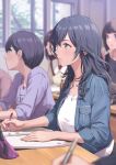  1girl aqua_eyes bag blue_hair blurry blurry_background book classroom commentary_request dark_blue_hair denim denim_jacket desk handbag highres jacket jewelry kenzen_kanojo_uruka-chan long_hair multicolored_hair necklace notebook open_book purple_shirt school_desk shamakho shirt sitting sleeves_rolled_up solo solo_focus streaked_hair uruka_(kenzen_kanojo_uruka-chan) white_shirt window 