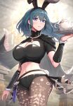  1girl absurdres animal_ears black_cape black_panties black_shirt blue_eyes blue_hair breasts byleth_(female)_(fire_emblem) byleth_(fire_emblem) cape cleavage cleavage_cutout clothing_cutout commentary_request cowboy_shot crop_top dagger fake_animal_ears fire_emblem fire_emblem:_three_houses gonzarez highres knife large_breasts long_hair looking_at_viewer midriff navel panties pantyhose rabbit_ears shirt short_sleeves solo standing stomach thighs underwear weapon 