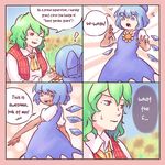  ! 2girls 4koma blue_eyes blue_hair cirno comic crystal dark_skin english eyebrows_visible_through_hair flower green_hair hidden_star_in_four_seasons highres kazami_yuuka looking_at_another multiple_girls one_eye_closed red_eyes short_hair smile speech_bubble sunflower tan tanned_cirno text touhou yoruny 