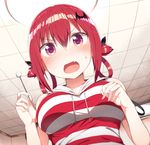  :o bangs bare_arms bare_shoulders bat_hair_ornament black_ribbon blush breasts casual ceiling ceiling_light collarbone commentary_request dutch_angle eyebrows_visible_through_hair fang from_below gabriel_dropout greatmosu hair_between_eyes hair_ornament hair_ribbon hair_rings highres holding hood hoodie indoors kurumizawa_satanichia_mcdowell large_breasts looking_at_viewer looking_down mimikaki open_mouth purple_eyes red_hair ribbon shiny shiny_hair shirt short_hair sleeveless sleeveless_shirt solo strap_slip striped striped_shirt sweat sweatdrop tile_ceiling tiles upper_body v-shaped_eyebrows 