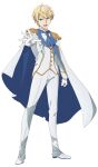  1boy algard_von_palettia arm_at_side ascot blazer blonde_hair blue_ascot blue_cape cape epaulettes full_body jacket looking_at_viewer male_focus official_art open_mouth outstretched_arm pants second-party_source shirt shoes short_hair simple_background solo standing swept_bangs tachi-e teeth tensei_oujo_to_tensai_reijou_no_mahou_kakumei transparent_background two-sided_cape two-sided_fabric v-shaped_eyebrows white_cape white_footwear white_jacket white_pants white_shirt 