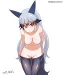  1girl animal_ears black_hair black_legwear blush breasts brown_eyes dated female fox_ears fox_tail ginko_(silver_fox) kemono_friends long_hair looking_at_viewer multicolored_hair navel nipples open_mouth pantyhose pussy silver_fox_(kemono_friends) silver_hair simple_background solo standing tail topless uncensored undressing watermark web_address white_background 