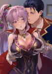  1boy 1girl absurdres blush breasts cleavage collarbone commission commissioner_upload cosplay couple fire_emblem fire_emblem:_genealogy_of_the_holy_war fire_emblem_heroes flower gloves grabbing grabbing_another&#039;s_breast hair_flower hair_ornament hetero highres ishtar_(fire_emblem) ishtar_(fire_emblem)_(echoing_thunder) jewelry large_breasts necklace official_alternate_costume onohito purple_eyes purple_hair reinhardt_(fire_emblem) reinhardt_(thrud_reborn)_(fire_emblem) 