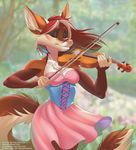  2017 5_fingers bow_(stringed_instrument) breasts canine clothed clothing eyes_closed female hair mammal musical_instrument pink_nose red_hair solo sorafoxyteils standing violin 