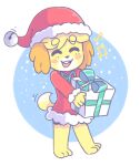 2018 3_toes 4_fingers animal_crossing anthro barefoot bell black_nose blonde_hair blue_bow blue_clothing bow_(feature) canid canine canis christmas christmas_clothing christmas_dress christmas_headwear clothing colored dipstick_tail domestic_dog dress eyebrows eyes_closed feet female fingers floppy_ears fluffy_ears fur gift graskip hair hat headgear headwear hi_res holding_gift holding_object holidays isabelle_(animal_crossing) jingle_bell mammal markings motion_lines musical_note nintendo open_mouth pink_cheeks red_clothing red_dress red_hat red_headwear santa_hat shaded shih_tzu simple_background singing smile snow snowing solo tail tail_markings tail_motion tailwag teeth toes toy_dog walking white_background white_muzzle white_tail_tip yellow_body yellow_fur