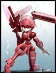  1girl 30_minutes_missions absurdres assassin_silver bayonet black_border border breasts exm-h15a_acerby_type-a glowing gun highres holding holding_gun holding_weapon looking_at_viewer mecha medium_breasts on_one_knee open_hand outside_border pink_hair red_eyes robot science_fiction solo twintails weapon 