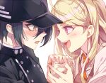 1boy 1girl ahoge akamatsu_kaede aqua_hair baseball_cap black_hat black_jacket blonde_hair blush buttons collared_jacket collared_shirt colored_eyepatch commentary crest danganronpa_(series) danganronpa_v3:_killing_harmony double-breasted eye_contact eyelashes eyepatch fingernails hair_between_eyes hair_ornament happy hat high_collar holding_hands inzup jacket light_blush long_hair long_sleeves looking_at_another musical_note musical_note_hair_ornament necktie nervous open_mouth orange_necktie pocket purple_eyes purple_vest saihara_shuichi shirt simple_background smile sweatdrop symbol-only_commentary teeth upper_body upper_teeth_only v-neck vest white_background white_shirt white_sleeves 