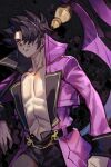  1boy black_hair coat cowboy_shot evil_grin evil_smile gordeau grin hair_over_one_eye holding holding_sickle holding_weapon hungry_clicker male_focus no_shirt purple_coat purple_eyes short_hair smile spiked_hair toned toned_male under_night_in-birth under_night_in-birth_2_sys:celes weapon 