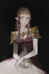  1girl akihare armor black_background blue_eyes brown_hair dress earrings elbow_gloves gloves highres jewelry long_hair looking_at_viewer parted_lips pointy_ears princess_zelda shoulder_armor solo the_legend_of_zelda the_legend_of_zelda:_twilight_princess tiara twitter_username white_gloves 