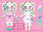  2023 80&#039;s_theme anthro big_breasts biped blonde_hair breasts canid canine canis claws clothed clothing color_swatch colorful_theme dalmatian domestic_dog dress english_text eyelashes featureless_breasts featureless_crotch female hair hi_res mammal model_sheet multicolored_hair nude off/on paws pink_clothing pink_dress pink_eyes solo sparkledog sparkles spookieghoulie standing text watermark wide_hips 