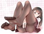  ass bangs between_legs blunt_bangs blush bright_pupils brown_hair brown_skirt closed_mouth covering covering_crotch crotch_seam eyebrows_visible_through_hair feet fingernails floral_print foreshortening frown hand_between_legs highres knees_up lace lace-trimmed_panties legs legs_together legs_up long_hair looking_at_viewer lying miniskirt no_shoes nose_blush on_back oouso original panties panties_under_pantyhose pantyhose pantyshot pantyshot_(lying) pink_panties pleated_skirt pov_feet raised_eyebrows shirt short_sleeves skirt soles solo sweat tareme thighband_pantyhose toenails toes underwear upskirt white_shirt wiggling_toes 