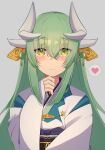  1girl absurdres blush dragon_girl dragon_horns eyes_visible_through_hair fate/grand_order fate_(series) green_hair grey_background hair_between_eyes hair_ornament heart highres horns japanese_clothes kimono kiyohime_(fate) long_hair looking_at_viewer mountain_yasan multiple_horns obi sash sidelocks simple_background smile solo speech_bubble spoken_heart yellow_eyes 