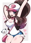  &gt;_&lt; 1girl ;d arms_up bag bare_arms baseball_cap black_vest blue_eyes blue_shorts breasts brown_hair cleavage collarbone handbag hat heart highres hilda_(pokemon) looking_at_viewer medium_breasts micro_shorts one_eye_closed oshawott pokemon pokemon_(creature) pokemon_bw shorts sidelocks sitting smile solo tank_top thighs torn_clothes torn_shorts touyarokii vest white_tank_top 