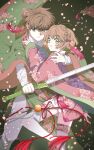  1boy 1girl braid brown_eyes brown_hair cardcaptor_sakura cherry_blossom_print cherry_blossoms chinese_clothes coat earrings floral_print green_coat green_eyes hair_ornament highres holding holding_sword holding_weapon hug japanese_clothes jewelry kimono kinomoto_sakura li_syaoran looking_at_viewer parted_lips petals print_kimono rii2a77ru short_hair short_kimono sword tassel tassel_earrings tassel_hair_ornament thighhighs weapon 