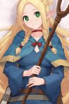  1girl belt blonde_hair blue_capelet blue_robe braid breasts capelet choker commentary crown_braid dakimakura_(medium) dungeon_meshi elf english_commentary green_eyes highres holding holding_staff iwbitu large_breasts long_hair long_sleeves looking_at_viewer lying marcille_donato on_back pointy_ears red_choker robe smile solo staff twin_braids upper_body very_long_hair wide_sleeves 