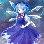  &gt;:( bad_id bad_pixiv_id bangs banned_artist blue_bow blue_dress blue_eyes blue_hair bow cirno closed_mouth commentary_request dress frown hair_bow ice ice_wings looking_at_viewer neck_ribbon parted_bangs puffy_short_sleeves puffy_sleeves red_ribbon ribbon serious short_hair short_sleeves solo touhou twitter_username v-shaped_eyebrows wings yuge_mugito 