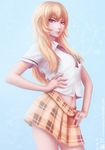  artist_name blonde_hair blue_background breasts collared_shirt contrapposto cowboy_shot deviantart_username eyelashes hand_on_hip highres lips long_hair looking_at_viewer medium_breasts midriff miura-n315 nakiri_erina navel nose parted_lips plaid plaid_skirt purple_eyes shirt shokugeki_no_souma short_hair simple_background skirt standing tootsuki_saryou_ryouri_gakuen_uniform watermark web_address white_shirt 