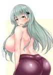  aqua_hair ass between_legs blush breasts from_behind green_eyes hair_between_eyes hair_ornament hair_over_breasts hairclip hand_between_legs highres huge_breasts kantai_collection long_hair looking_at_viewer looking_back open_mouth panties panties_under_pantyhose pantyhose purple_panties remodel_(kantai_collection) sankakusui side-tie_panties sideboob simple_background skindentation solo suzuya_(kantai_collection) topless underwear white_background 