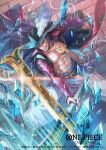  1boy attack bisaiiiii coat copyright_name cross_pendant dracule_mihawk english_commentary facial_hair hat_feather holding holding_sword holding_weapon ice long_coat long_sleeves looking_ahead male_focus muscular muscular_male mustache official_art one_piece one_piece_card_game short_hair solo sword weapon 