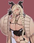  1girl azur_lane blush braid breasts brown_eyes brown_gloves brown_horns cleavage commentary_request cowboy_shot dark-skinned_female dark_skin fellatio_gesture gloves hair_over_one_eye highres horns huge_breasts large_horns long_hair long_sleeves looking_at_viewer low_twin_braids oral_invitation owari_(azur_lane) red_background simple_background skindentation solo thigh_strap twin_braids v very_long_hair wide_sleeves yononaka 