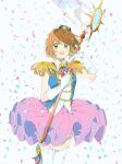  1girl blush brown_hair cardcaptor_sakura confetti epaulettes gloves green_eyes hat highres holding holding_wand jacket kinomoto_sakura looking_at_viewer open_mouth pink_skirt rii2a77ru short_hair skirt smile solo thighhighs wand white_gloves white_thighhighs zettai_ryouiki 