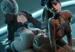  1boy 2b_(nier:automata) 2girls 3d absurdres ass back_cutout black_hair blindfold bodysuit breasts buttjob clothing_cutout cooperative_buttjob crossover eve_(stellar_blade) feather-trimmed_sleeves gretdb highres leotard looking_at_viewer multiple_girls nier:automata nier_(series) penis ponytail puffy_sleeves short_hair skin_suit_(stellar_blade) smile stellar_blade thighhighs two-tone_bodysuit 