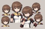  1girl breasts brown_eyes brown_hair closed_eyes closed_mouth cropped_torso gloves grey_background hand_on_own_chin hepari kuruna_(pixel_princess_blitz) looking_at_viewer medium_breasts medium_hair pixel_princess_blitz shirt short_sleeves simple_background smile upper_body 