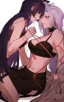  2girls black_bra black_pants blush bra breasts cleavage eye_contact flying-frappuccino genshin_impact girl_on_top grey_eyes grey_hair hair_ribbon highres holding holding_rope long_hair looking_at_another medium_breasts multiple_girls pants purple_hair red_eyes ribbon rope shenhe_(genshin_impact) shibari simple_background smile underwear very_long_hair white_background yun_jin_(genshin_impact) yuri 