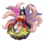  ahri animal_ears arm_support bare_shoulders black_hair breasts cleavage collarbone detached_sleeves facial_mark fox_ears fox_tail heart highres korean_clothes large_breasts league_of_legends long_hair multiple_tails orange_eyes qbspdl simple_background sitting slit_pupils solo tail tassel thighhighs very_long_hair white_background white_legwear wide_sleeves 