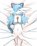  1girl animal_ears animal_tail bed blue_hair breasts cat_ears cat_tail dakimakura gardevoir kaceuth looking_at_viewer lying navel orange_eyes outstreched_arms pokemon pokemon_(creature) reaching shiny_pokemon short_hair simple_backgound smile solo 