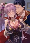  1boy 1girl absurdres blush breasts cleavage collarbone commission commissioner_upload cosplay couple fire_emblem fire_emblem:_genealogy_of_the_holy_war fire_emblem_heroes flower gloves grabbing grabbing_another&#039;s_breast hair_flower hair_ornament hetero highres ishtar_(fire_emblem) ishtar_(fire_emblem)_(echoing_thunder) jewelry large_breasts necklace non-web_source official_alternate_costume onohito purple_eyes purple_hair reinhardt_(fire_emblem) reinhardt_(thrud_reborn)_(fire_emblem) watermark 