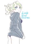  alternate_hairstyle ass blonde_hair blue_eyes blush clothes_pull commentary copyright_name diana_cavendish earrings highres hood hoodie jewelry kengo little_witch_academia looking_back ponytail solo swimsuit tied_hair 