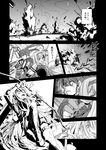  bow_(weapon) comic explosion gmgt_(gggggg3) greyscale hair_ribbon highres japanese_clothes kantai_collection long_hair monochrome multiple_girls remodel_(kantai_collection) ribbon shaded_face shoukaku_(kantai_collection) translation_request twintails weapon zuikaku_(kantai_collection) 