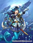  blue_eyes blue_hair blue_storm_battle_princess_doris bubble cardfight!!_vanguard company_name earrings gloves hat head_fins i-la jacket_on_shoulders jewelry long_hair mermaid military military_uniform monster_girl necktie official_art open_mouth solo submarine sword teeth underwater uniform watercraft weapon 