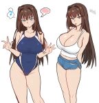  1girl absurdres aozaki_aoko bare_shoulders blue_eyes blush breasts brown_hair cleavage collarbone ebora fate/grand_order fate_(series) highres large_breasts long_hair mahou_tsukai_no_yoru miniskirt multiple_views one-piece_swimsuit shirt skirt swimsuit thighs tsukihime white_shirt 