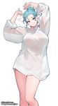  1girl arms_up blue_eyes blue_hair breasts closed_mouth fanbox_username heart highres jjune large_breasts long_sleeves looking_at_viewer original patreon_username see-through see-through_shirt shirt short_hair smile standing thighs white_shirt 