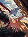  building claws cloud commentary_request day from_below highres kuchiba_(jret2454) latias latios no_humans outdoors pokemon pokemon_(creature) sky window yellow_eyes 
